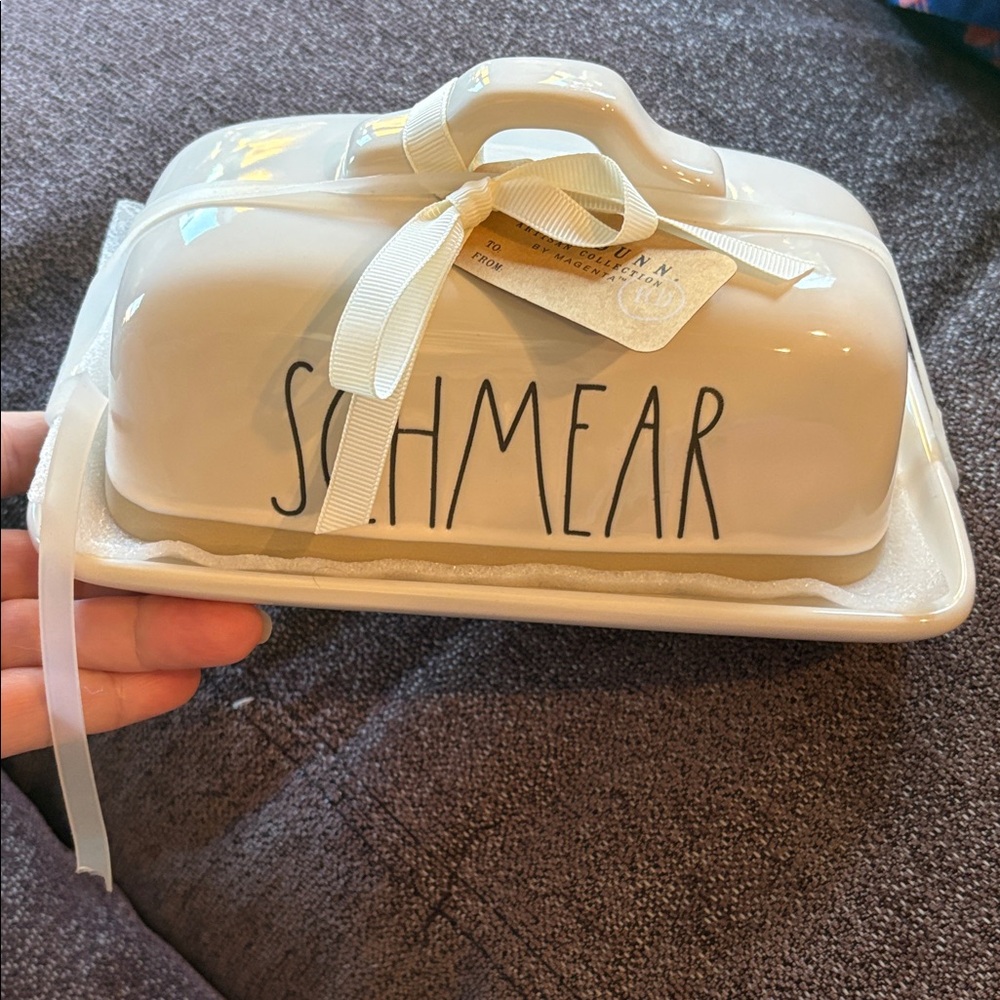 Rae Dunn Cream Butter Dish with 'SCHMEAR'